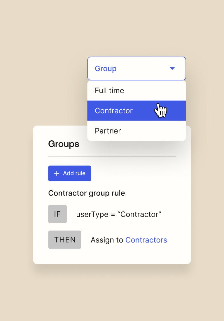 Image displaying Okta lifecycle management use case by allocating a contractor employee to a group.