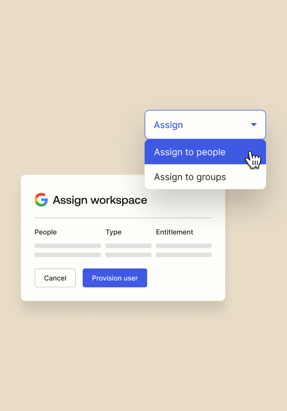 Product UI for Entitlements Management showing an admin assigning Google Workspace access to specific people.